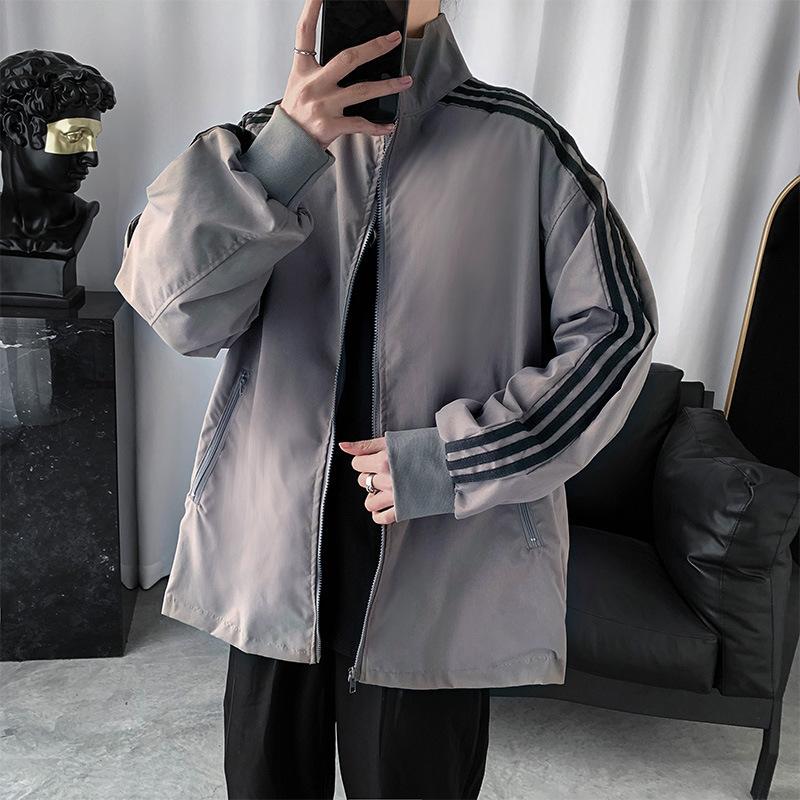 

Гонконгский стиль, трехполосная полосатая куртка со стоячим воротником, корейская свободная модная куртка для мальчиков, универсальная брендовая верхняя одежда для пары Tide