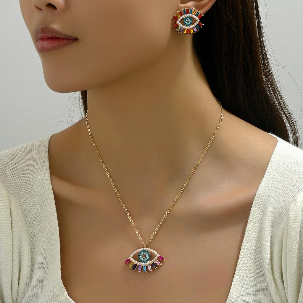 Hip Hop Simple Wind Necklace Earrings Women's Personality Angel's Eye Design Diamond Earrings Versatile Long Necklace