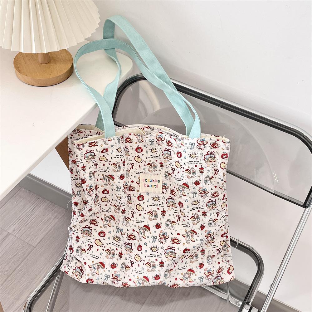 Cute Printed Kitten Canvas Bag Large Capacity Double Layer Work Bag Student Girl Summer Handbag