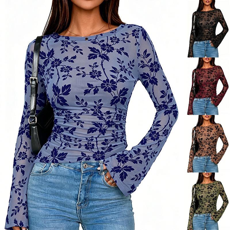 Women Slim Fit Flocked Floral Mesh Long Sleeve Crew Neck Pullover T Shirt