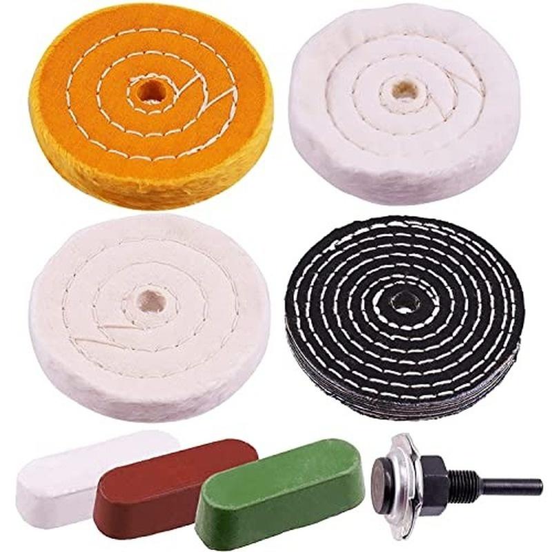 4” Buffing Wheel with Polishing Compound and 1/4” Shaft Drill Adapter Set, 8 Pcs Polishing Tool Kit, Bench Grinder
