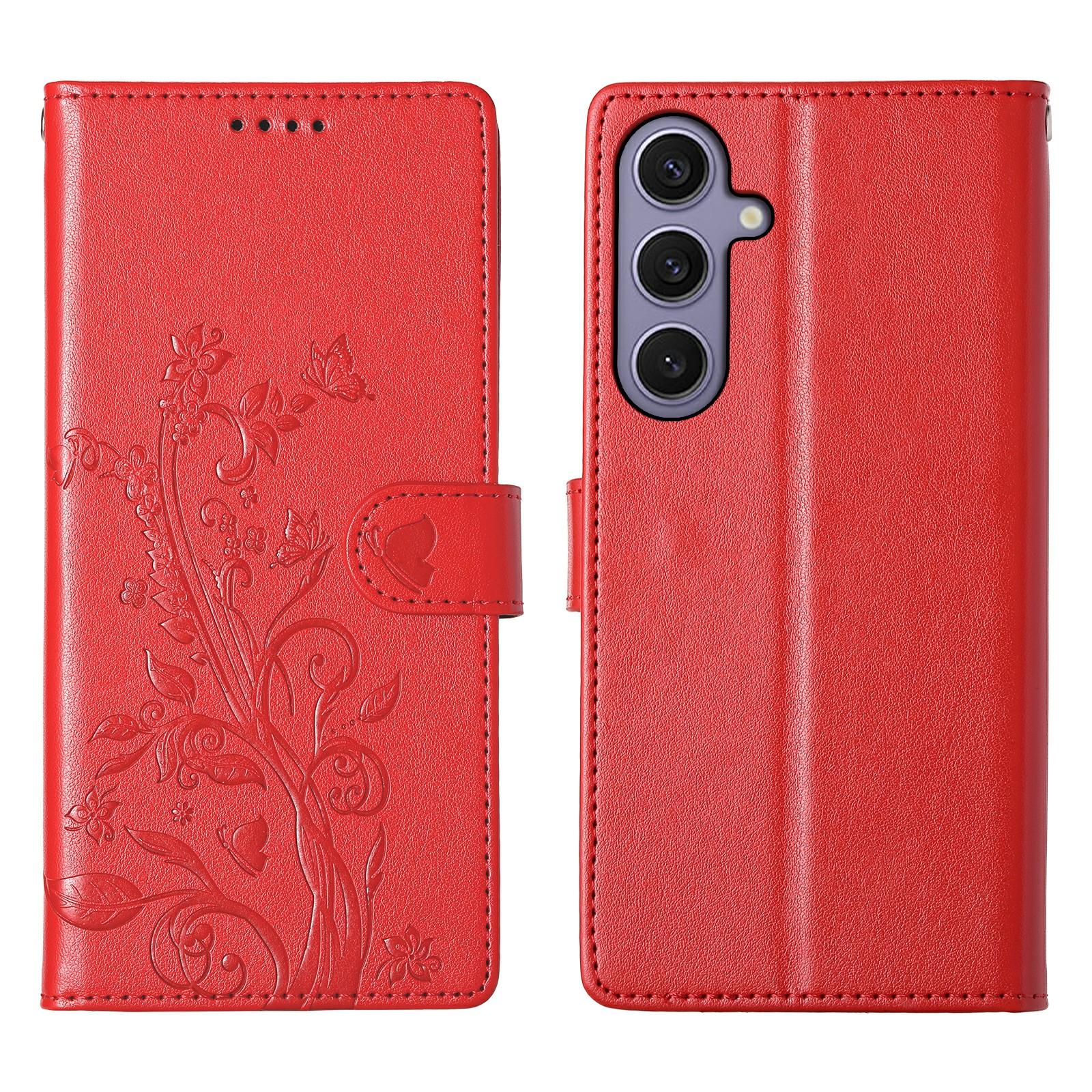 

For Samsung Galaxy S25+ Wallet Case Butterfly Floral Imprint PU Leather Phone Cover with Wrist Strap Red