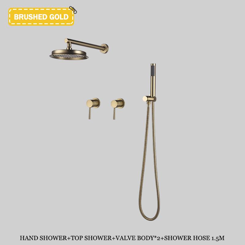 Luksusowy zestaw prysznicowy ścienny w kolorze szczotkowanego złota, ukryty system prysznicowy, mosiężna bateria mieszająca wodę ciepłą i zimną, deszczownica łazienkowa