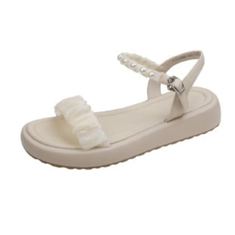 

New Women s Shoes Summer Fashion Round Head Open Toe Sexy Pleated Pearl Buckle Casual Thick Sole Beach Flat Sandals 35