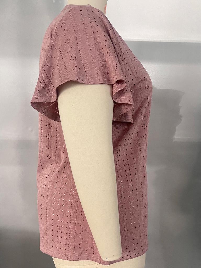 2024 Summer Women's Plus Size V-Neck Batwing Sleeve Hollow Breathable T-Shirt