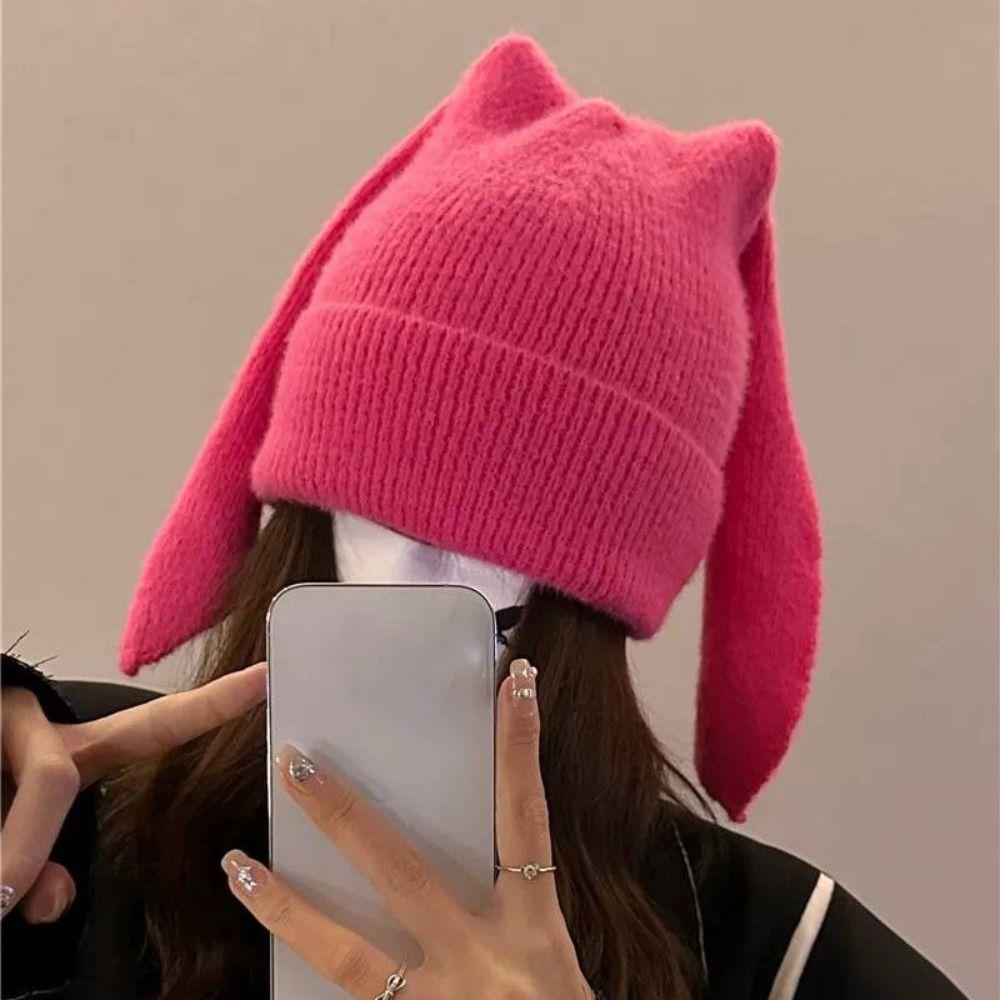 Winter Warm Earflap Hat Long Ears Rabbit Pullover Hat Cute Beanies Caps Women