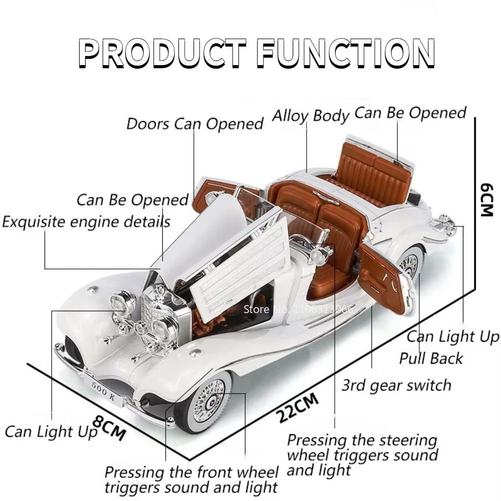 1/24 Scale 500K Vintage Car Model Toy Diecasts Alloy Sport Car Toys with Sound and Light Pull Back Vehicles for Children's Gifts