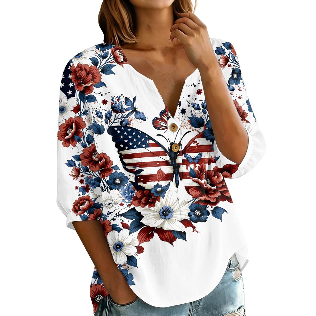 Women's Casual Button Henley Neck Shirt Three Quarter Sleeve Lightweight Breathable Cotton Linen Blouse Loose Fit Printed Top