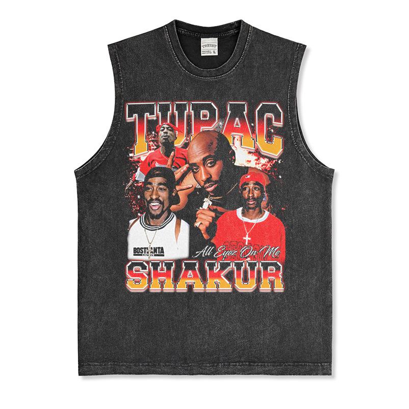 Canotta Senza Maniche Tupac Grafica Retro High Street Cotone Pesante