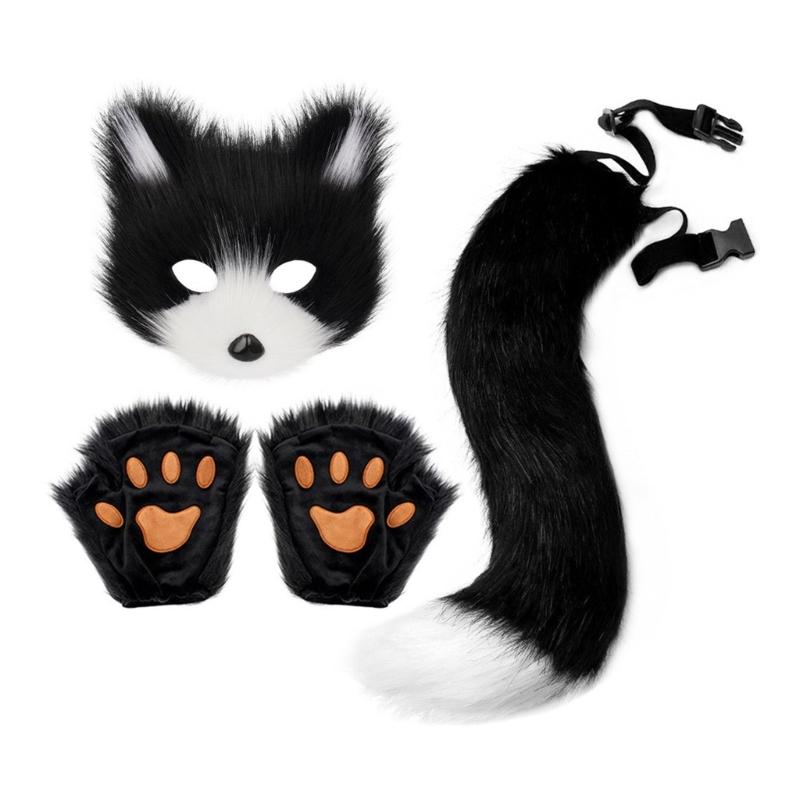 Foxes Tail Furry Gloves Foxes Face Cover Set Soft Animal Tail Foxes Costume Dress Up Set for Halloween Costume Cosplay
