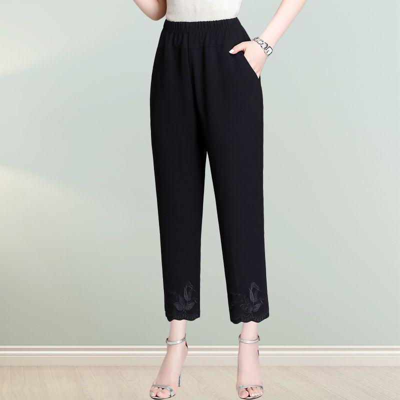 Mom s Summer Chiffon Embroidered Loose High-Waist Straight-Leg Pants for Women XL (recommended for below 100 jin)