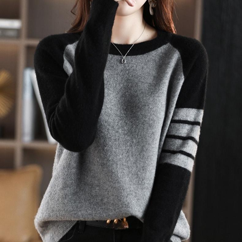 Round-neck Color-blocked Sweater Women's Trendy Loose Knitted Sweater Casual Short Pullover Spring and Autumn