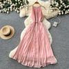 Elegant Beaded Studded Halter Strapless A-line Loose Dress for Women Sweet Pink Sleeveless Lace-up Pleated Dress Holiday Summer Dress