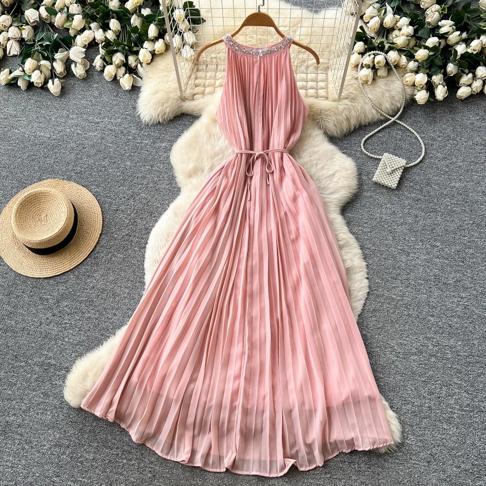 Elegant Beaded Studded Halter Strapless A-line Loose Dress for Women Sweet Pink Sleeveless Lace-up Pleated Dress Holiday Summer Dress