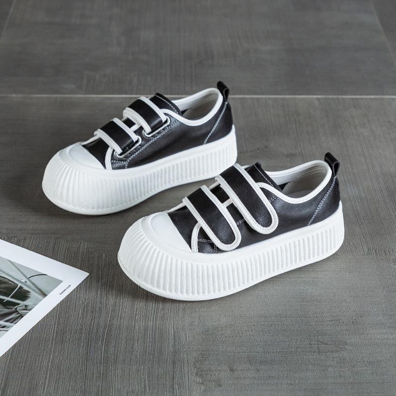 New leather little white shoes women's round head thick sole Velcro casual sports biscuits four seasons shoes women