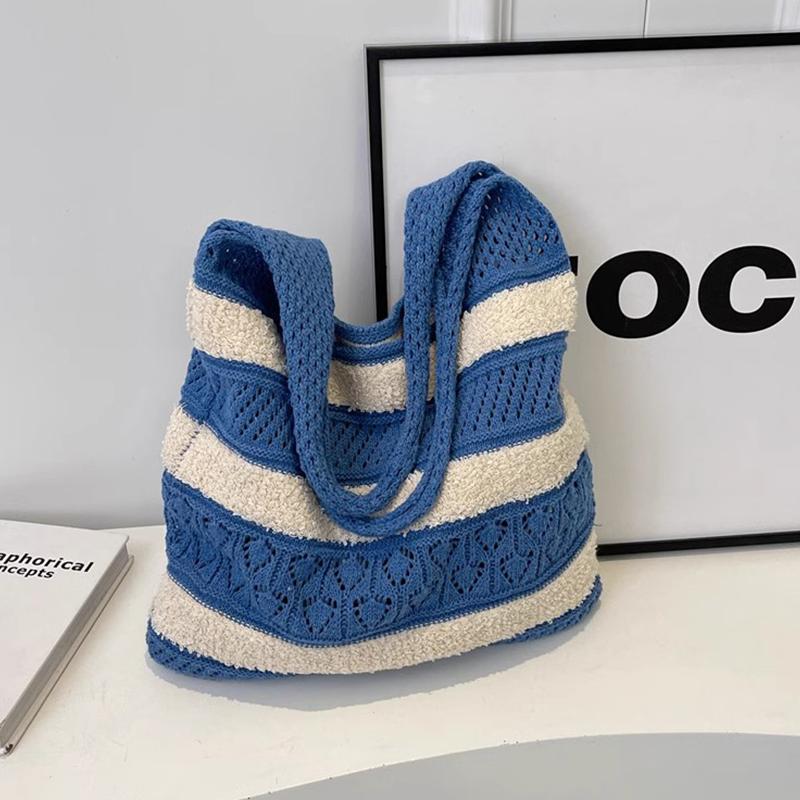 Ladies Woven Bag Striped Knitted Bag Simple Hollow Out Hand Held Shoulder Bag