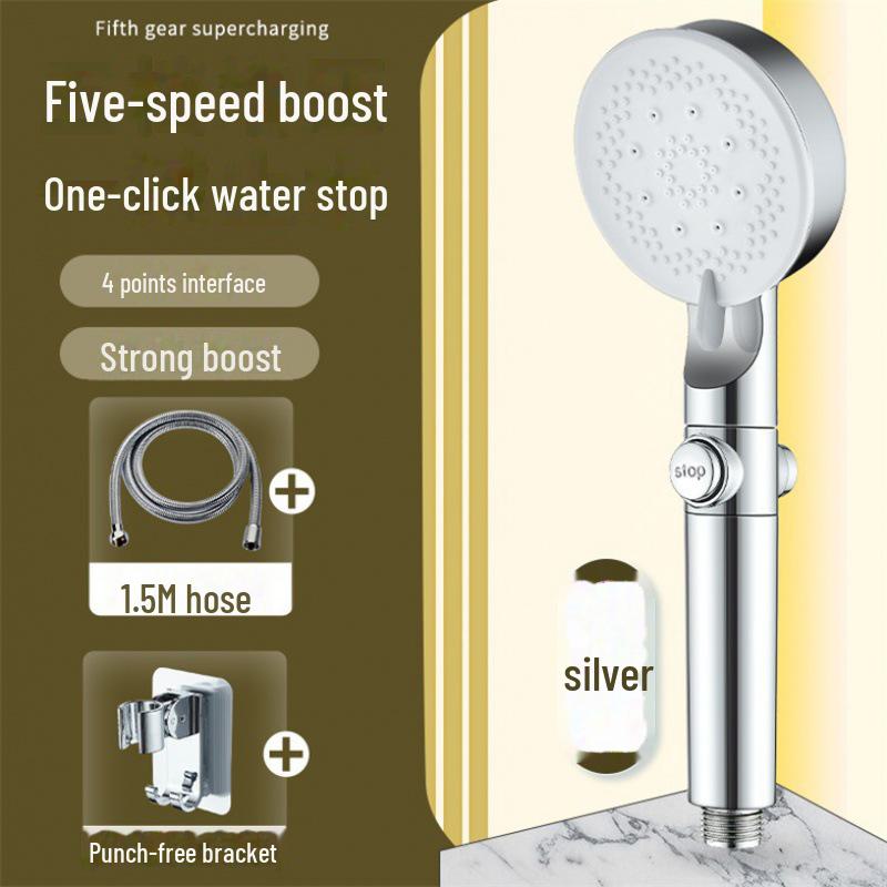 

Ручная душевая головка Black Warrior с 5 скоростями и функцией распыления под давлением 1.5m tube + punch-free base серебряный