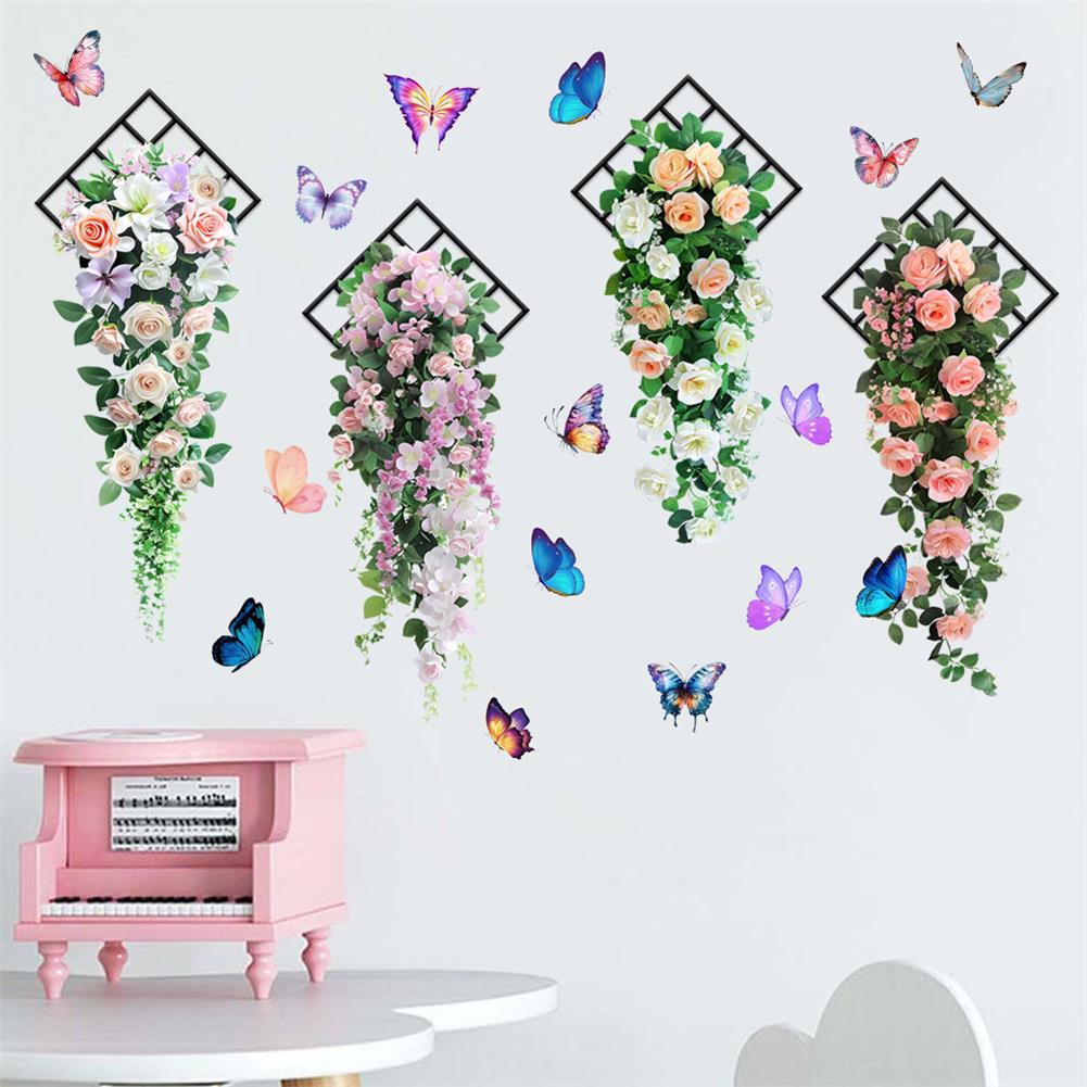 Butterfly Flower Vine Rose Buds Self-Adhesive Waterproof Wall Stickers for Living Room Bedroom Home Decor Wall Decals