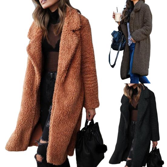 Women Winter Thicken Plush Lapel Solid Color Long Sleeve Warm Cardigan Midi