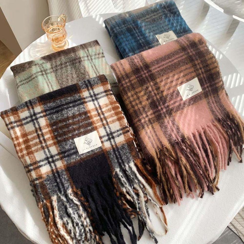 Tassel Mint Chocolate Color Plaid Scarf Plush Long Shawl Windproof Winter Cashmere Scarves  Girl