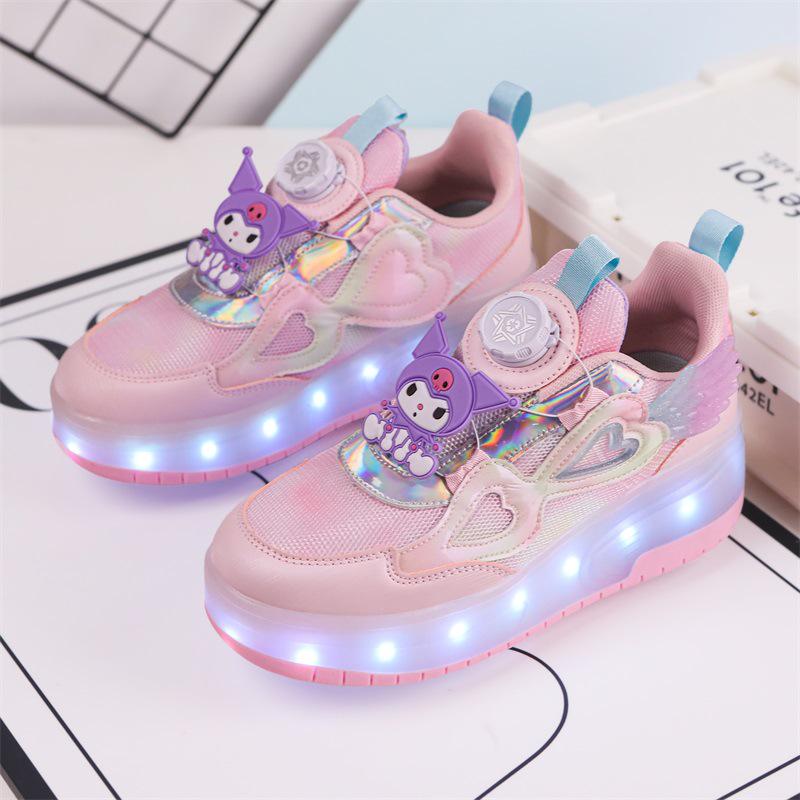 2024 Girls' LED Leather Roller Shoes: Double-Wheel, Removable, Children’s Skating Sneakers
