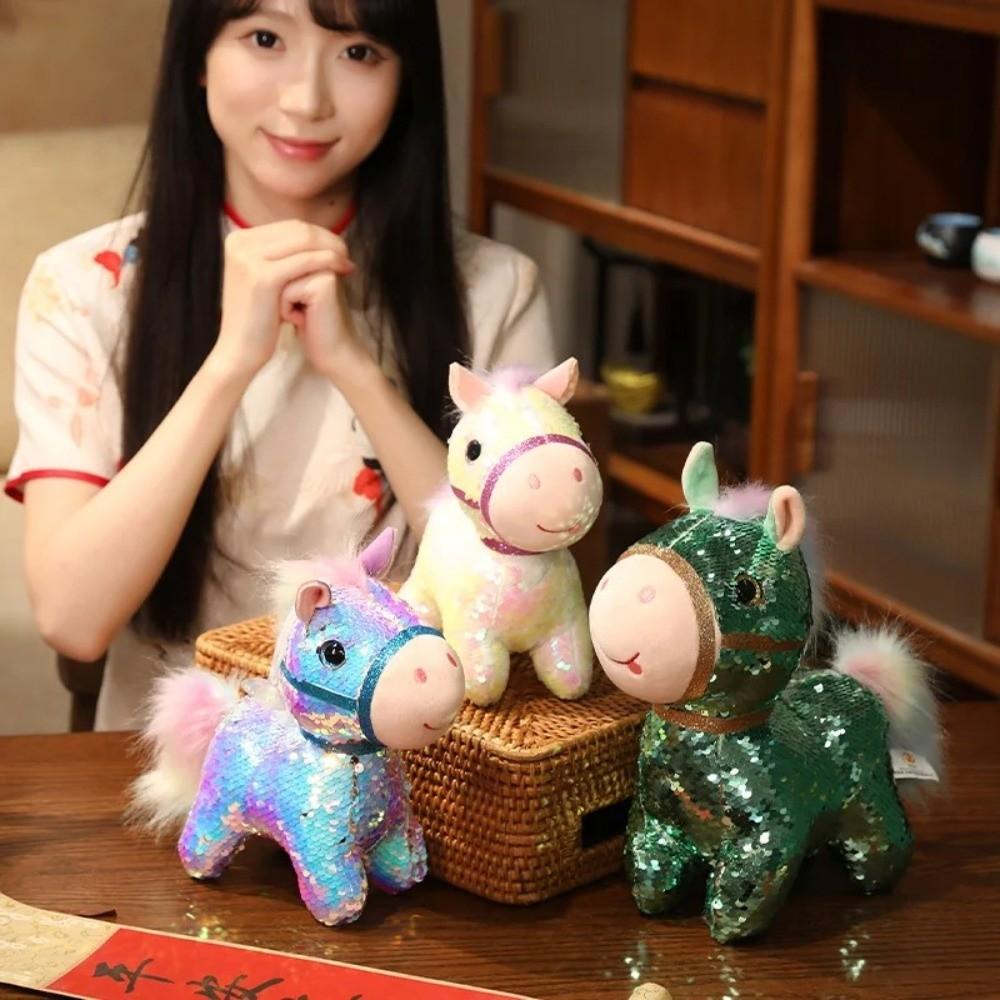 Stuffed Pretty Flashing Horse Plush Doll Colorful Sequined Pony Decor  Festival Decoration