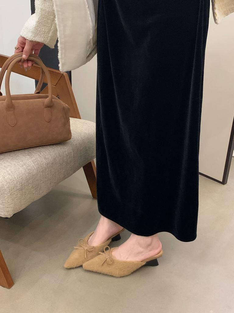 2025 Mao Mao High-heeled Slippers Women's Outerwear Bow Design Sense Lamb Wool French Wedge Heel Plush Bag Head Half Slippers