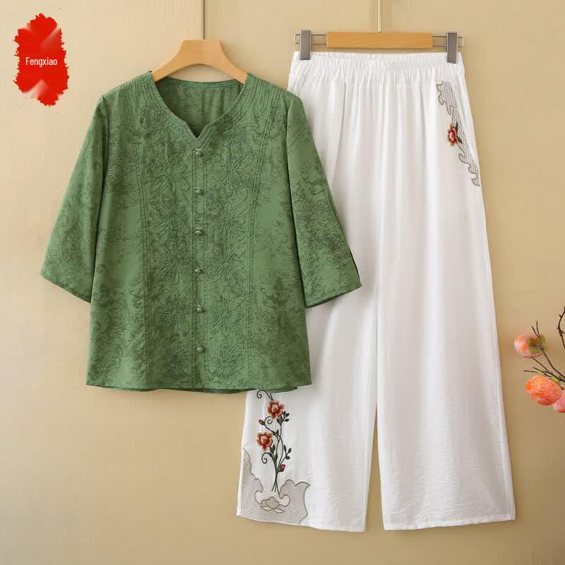 

Women s Summer Mid-Sleeve Top & Wide-Leg Pants Set 4XL