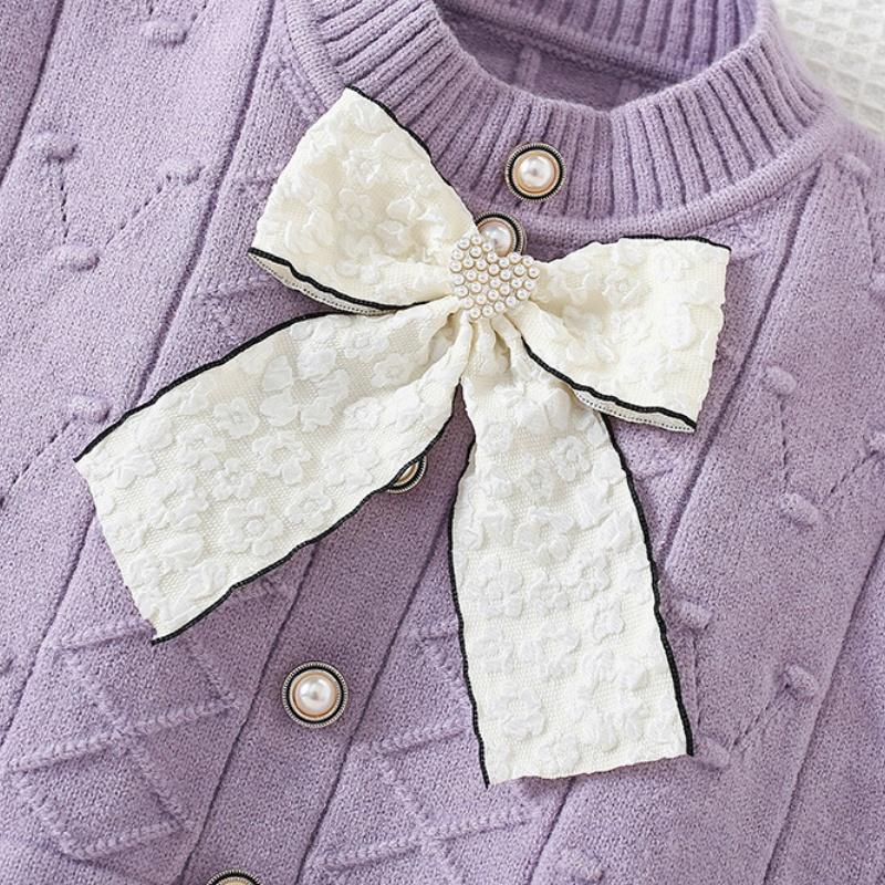 2025 New Autumn Korean Style Cape Knit Dress 2 Piece for Kids Clothing Set Bowknot Long Sleeve Dress Set