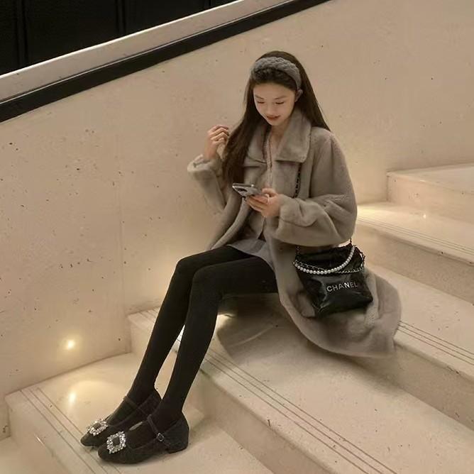 Cowhide Version~ Grape Mom Has the Same New Diamond Buckle with a Small Square Head with a Warm Thick Heel and Mary Jane Women's High-heeled Single