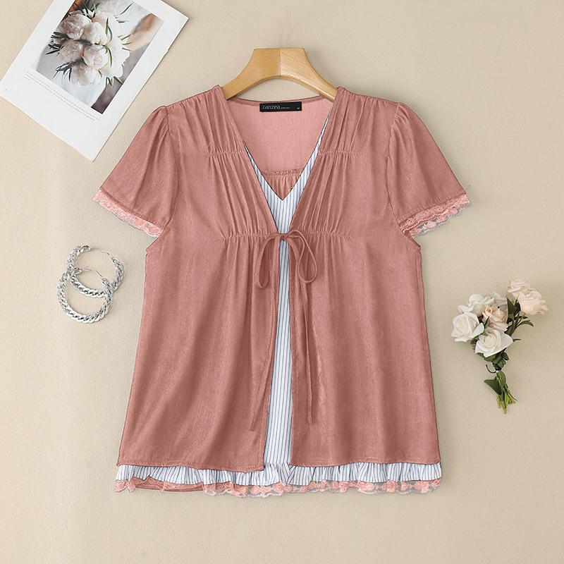 

ZANZEA Женская повседневная блузка пэчворк с V-образным вырезом и коротким рукавом на лето 5XL розовый