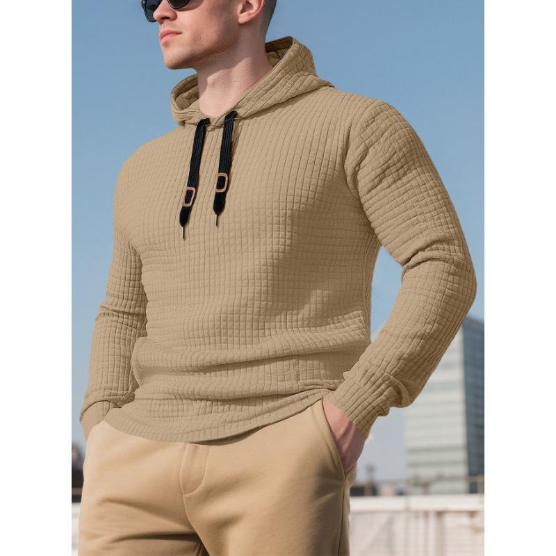 Mens Waffle Knit Hooded Sweatshirt Casual Loose Pullover Long Sleeve
