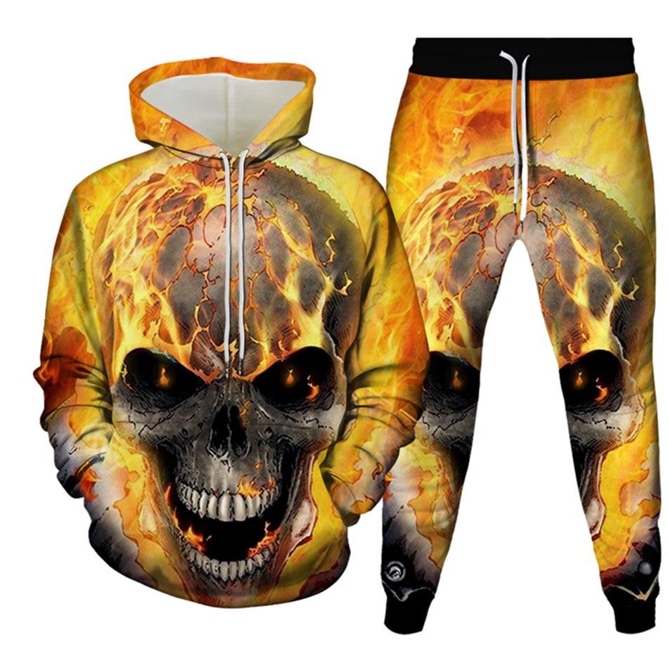 New Men's Tracksuit Sets Goth Punk Skull Fire 3D Printing Hoodies Pants Suit High Quality Skeletons Pullover Streetwear Oversized