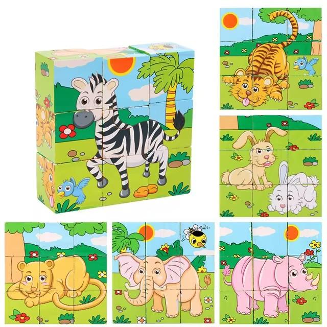 Wooden Six Sided 3D Cube Jigsaw Puzzles Children Kids Toys Animal Fruit Traffic Cognize Early Learning Educational Toys Fun Game