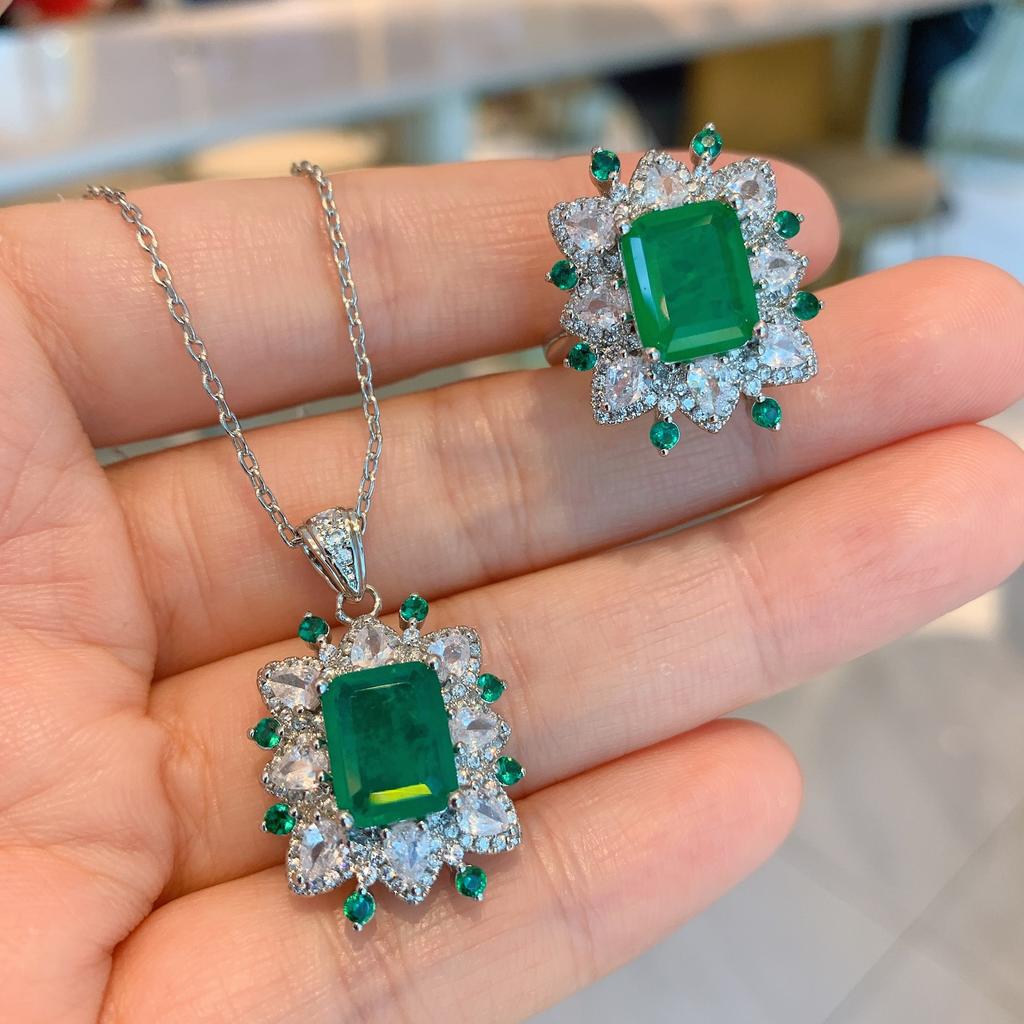 Goods: Cross Border Square Inlaid Simulated Red Corundum Ring Emerald Necklace Jewelry Set