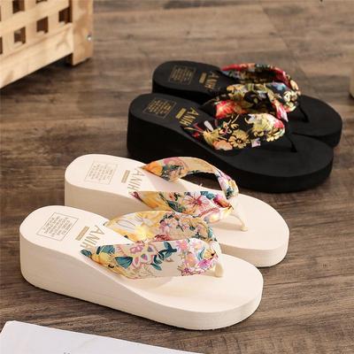 Bohemian Satinriemen Damen Plateau-Flip-Flops - Lässige Ethnische Stil Sommer Strand-Slipper