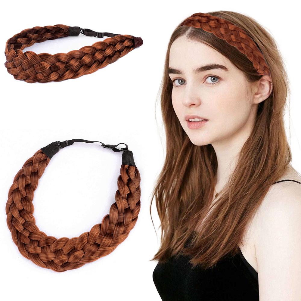 Synthetic Elastic Classic Chunky Wide Plaited Elegant Handmade Braided Headband Extension Straight Heat Resistant For Women Daily Accessories
