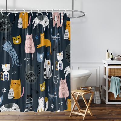 1Pc Cartoon Cat Printed Waterproof Shower Curtain, Shower Partition Hanging Curtain With 12 Hooks For Easy Installation