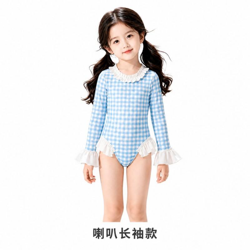 Girls Sleeveless One-Piece Swimsuit With Collar Plaid Japanese Style Comfortable Swimwear Pool Beach