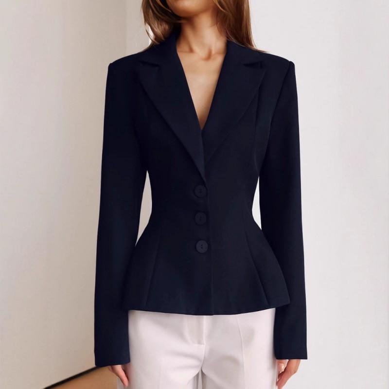 Womens Elegant Tailored Blazer Slim Fit Pleated Work Office Suit Jacket