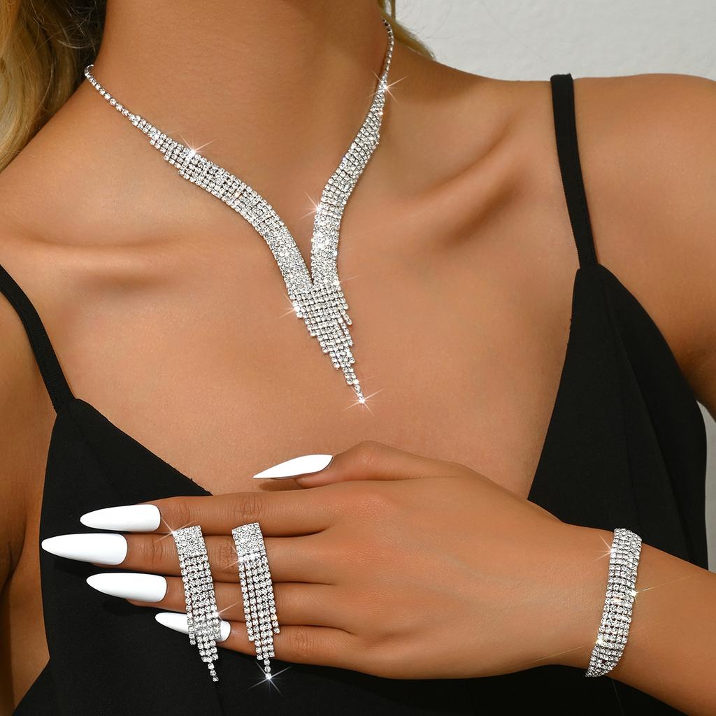 Fashionable Tassel Sparkling Rhinestone Necklace Earring Jewelry Set, Light Luxury Style High-end Jewelry Set