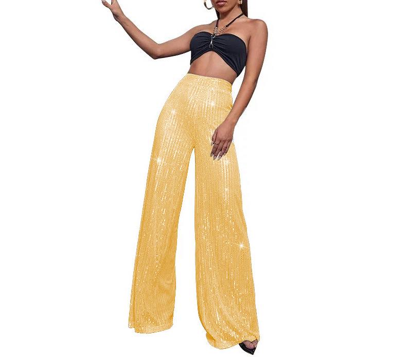 Pantaloni da Donna a Gamba Larga Lunghi Fino ai Piedi con Perle e Paillettes alla Moda 2025