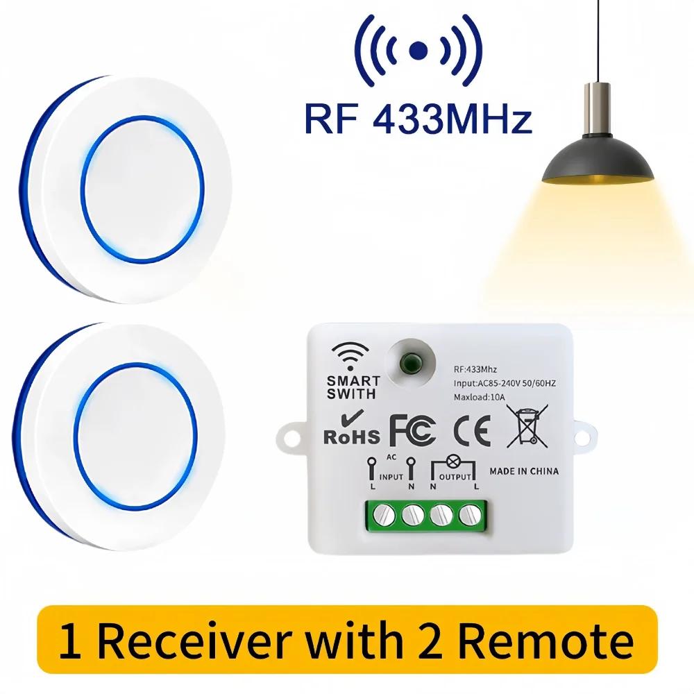 RF 433MHz Wireless Remote Control Light Switch 220V 110V 10A Relay Receiver Mini Round Button Wall Panel Switch For LED Lamp