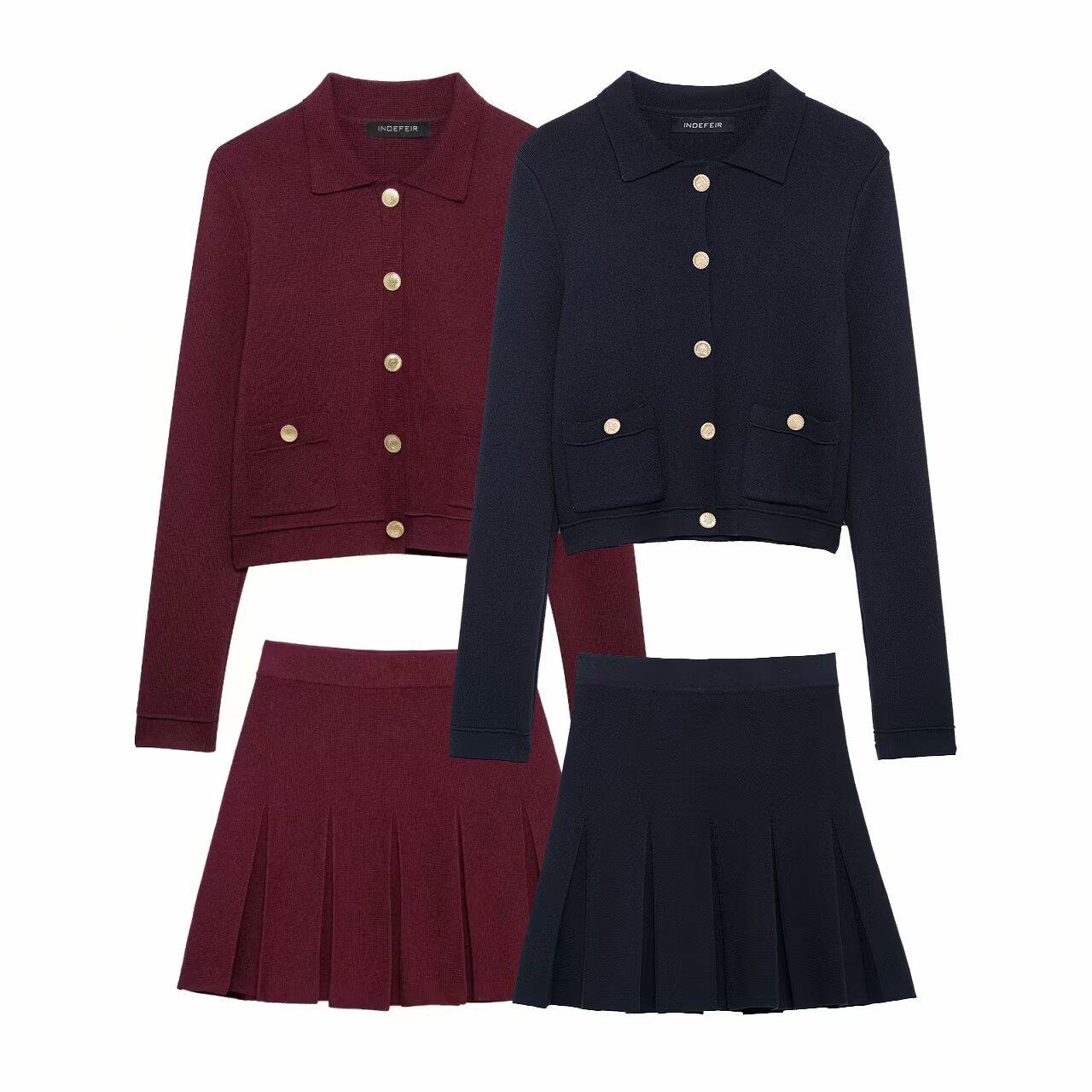 

2025 Spring Women s Turn-Down Collar Knit Cardigan & Skirt Set Medium