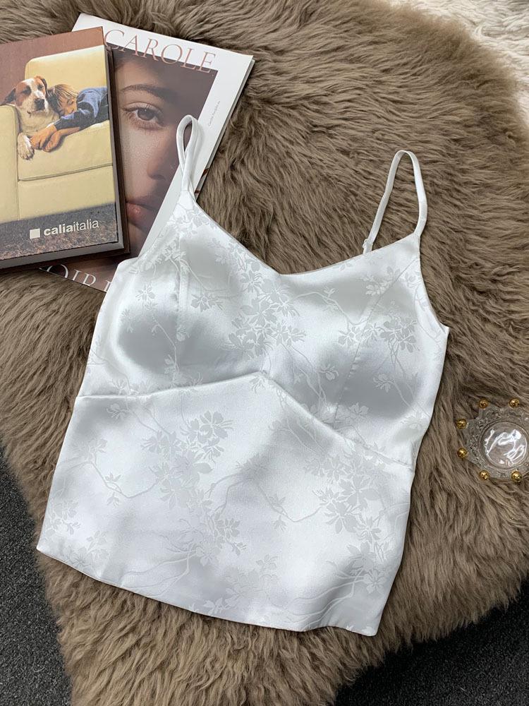 Women's V-Neck Satin Camisole with Chest Pads - Chinese Style Innerwear & Outerwear