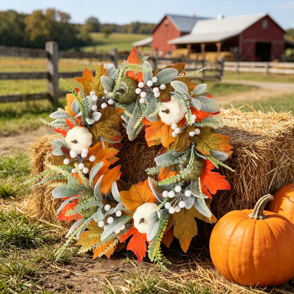 Artificial Pumpkin and Leaf Wreath 40/45cm Fall Harvest Decorative Door Wreath with Faux Berries and Foliage for Seasonal Home Decor