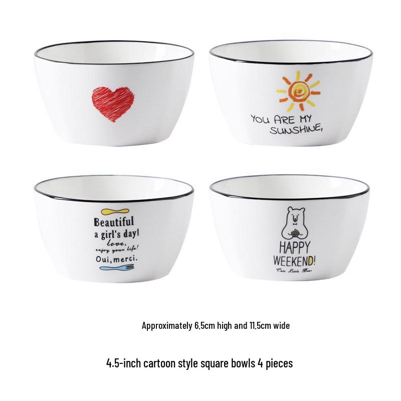 Cartoon Ceramic Rice and Soup Bowls - Creative Square Tableware Set