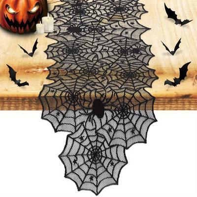 1pc Table Runner with 16 Pack 3D Bats, Spider Web Black Lace Table Runner for Kitchen Dinner Table Party Decoration Indoor