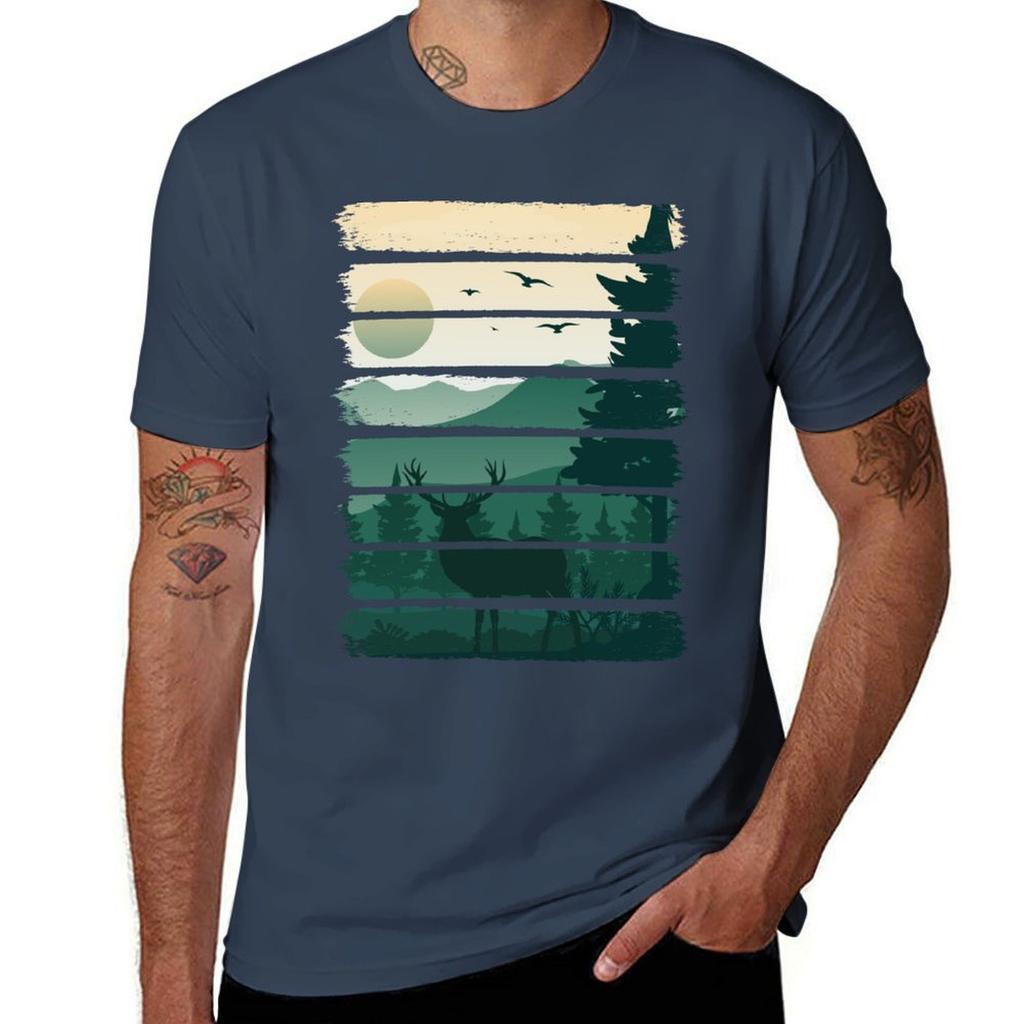 Vintage Deer Forest Nature Wildlife Trees TShirt Large Size Casual Short Sleeve Top TShirt