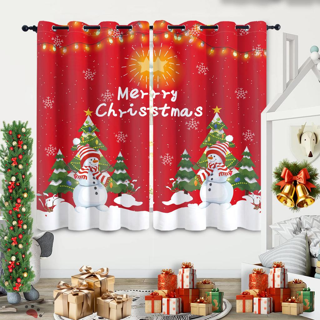 Set Of 2 Merry Christmas Snowman Print Red Curtains Multiple Sizes Living Room Insulation Easy Install Curtain Darkening Polyester Machine Washable